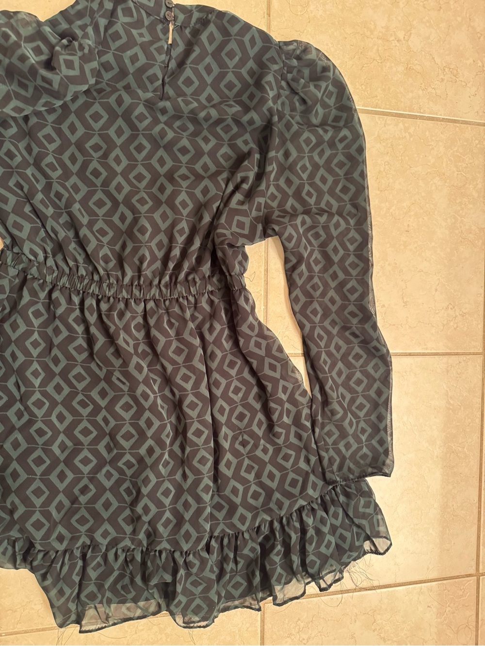 Zara Dark Green Geometric Long Sleeve Ruffle Dress - Picture 3 of 6